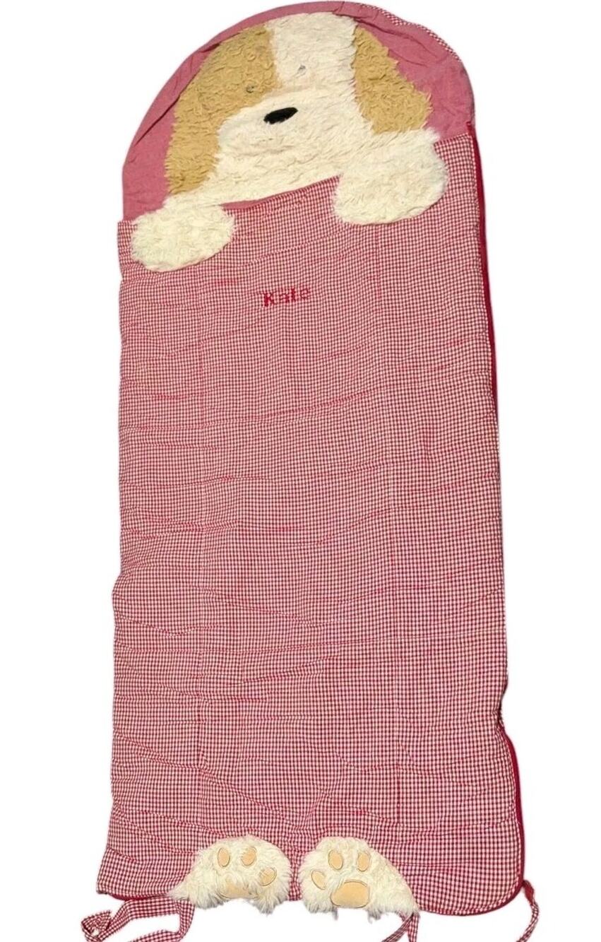 Pottery Barn Kids Shaggy Head Puppy Dog Sleeping Bag Red Gingham Check Kate Girl